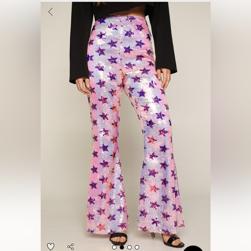 Nasty Gal Pink Purple Star Sequin Star HighRise Party Flare Pants US6 - Picture 2 of 13